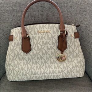 Michael Kors Vanilla Signature Canvas Satchel with Brown Trim